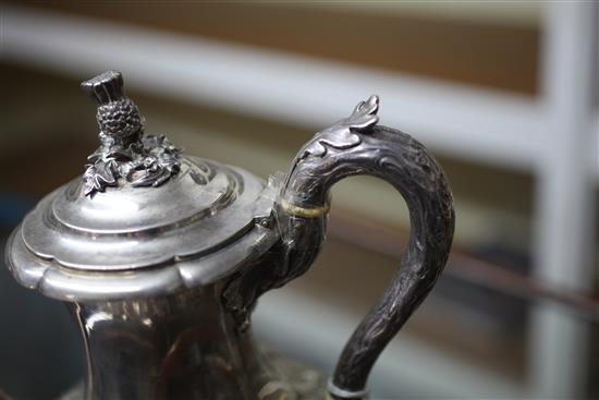 PAUL STORR. A William IV silver coffee pot, spirit stand with burner and a matching teapot, gross 74 oz.